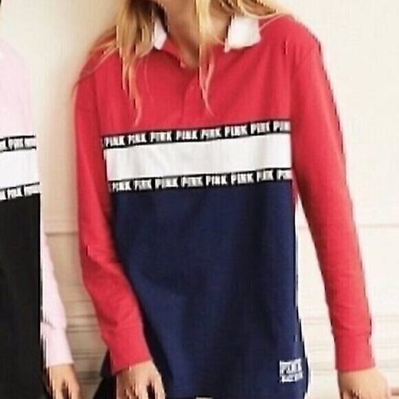 PINK VS VICTORIA'S SECRET Rugby Button Up Tee Red Navy Colorblock Long Sleeve XS - Picture 1 of 9